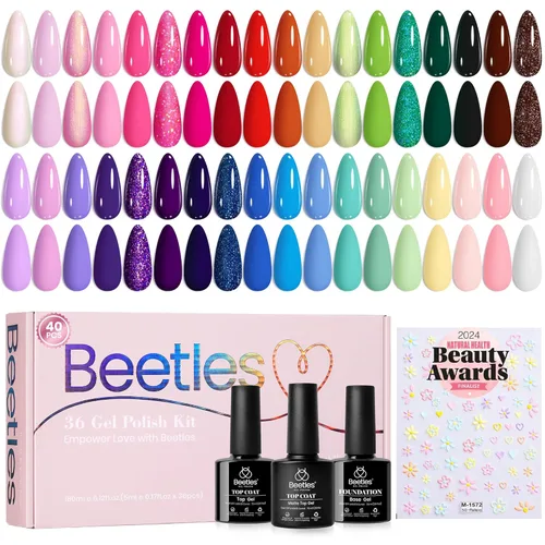 Beetles - Juego de esmaltes de uñas de gel de verano, 36 colores con versículos de flores, rosa, blanco, negro, rojo, morado, azul, amarillo, 3