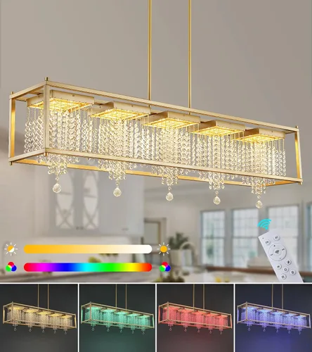 Miniatura 10 de MEIXISUE Candelabros modernos de cristal K9 RGB LED Rectango, lámparas de araña para comedor, sala de estar, cocina, isla de 33.86 pulgadas de largo