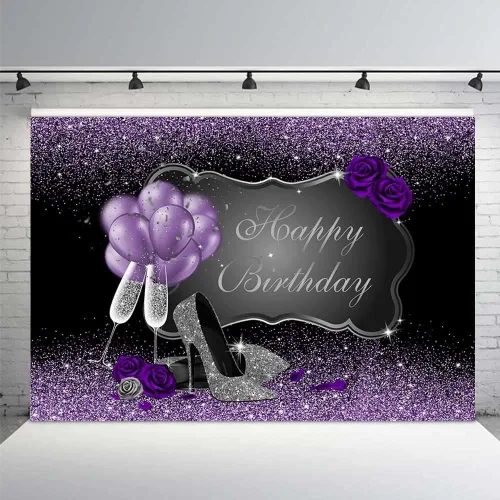 Miniatura 2 de MEHOFOND Accesorios de fondo de fotos morados y plateados, tacones altos plateados, globos de champán, rosa morada, mujer, decoración de fiesta