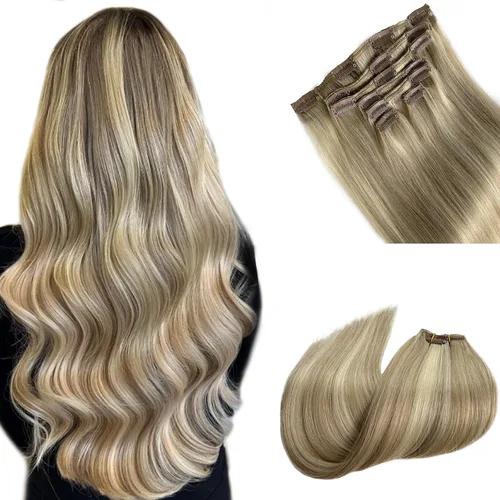 Miniatura 41 de Extensiones de cabello rubio ceniza con reflejos, extensiones de cabello humano real con clip, de 12 pulgadas, 2.47 onzas, doble trama, invisible