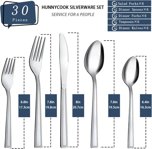Miniatura 2 de Hunnycook Juego de cubiertos de 30 piezas – Juego de cubiertos de acero inoxidable para 6, incluye cucharas y tenedores, pulido de espejo, apto