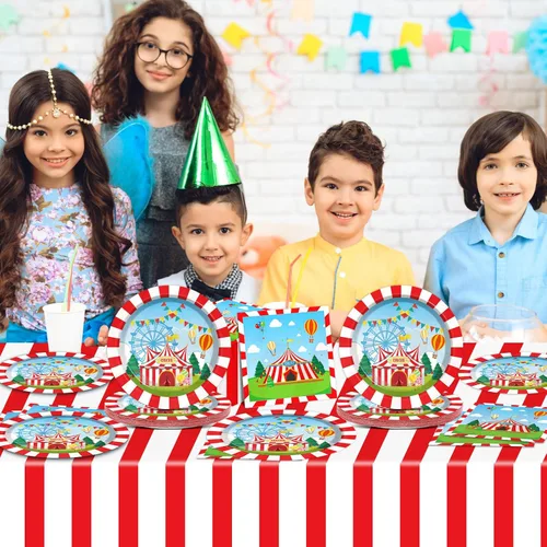Miniatura 6 de Platos de papel con temática de circo y servilletas, decoraciones de fiesta de circo, juego de vajilla de carnaval, platos de cena con temática