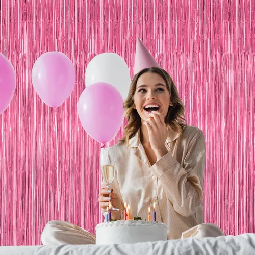 Miniatura 7 de Paquete de 2 Decoraciones de Fiesta Rosadas, Telón de Fondo Rosa de 3.28 pies x 7.05 pies, Cortinas de Telón de Fondo de Flecos de Oropel Metálico