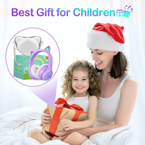 Miniatura 6 de LOBKIN - Auriculares Bluetooth 5.4 para niños con estuche - Orejas de gato plegables ajustables con luz LED RGB, auriculares supraaurales con Púrpura