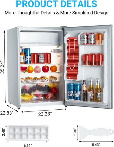 Miniatura 9 de Jojoka Mini refrigerador de 4.3 pies cúbicos con congelador, refrigerador pequeño de una sola puerta con estantes de vidrio deslizantes