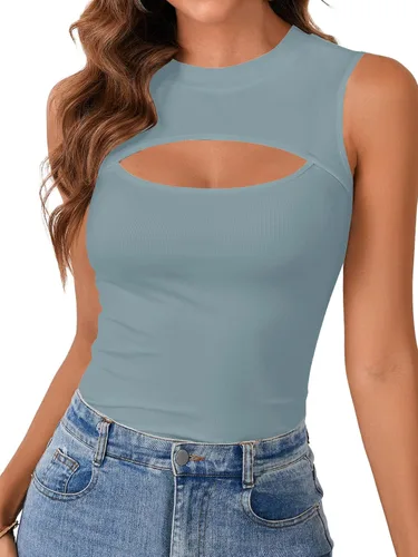 Miniatura 28 de Vrtige Camiseta sin mangas sexy con cuello redondo para mujer, de punto acanalado, sin mangas, ajustada