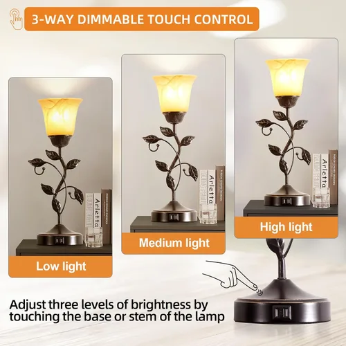 Miniatura 4 de Lámpara de mesa con control táctil con 2 puertos de carga USB, lámparas de mesita de noche regulables de 3 vías, pantalla de vidrio ámbar, lámpara
