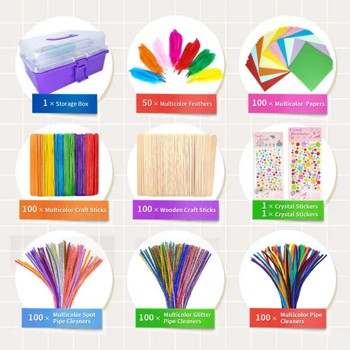 Miniatura 3 de kortes Suministros de arte y manualidades jumbo para niños, juego de suministros de arte de bricolaje incluye limpiapipas, pompones, plumas, caja