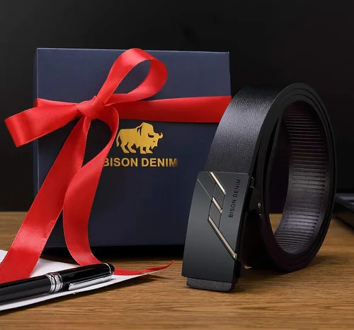 Miniatura 6 de BISON DENIM - Cinturón de cuero genuino con trinquete ajustable para hombre, hebilla automática, cinturón negro para jeans