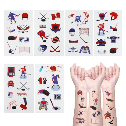 Miniatura 4 de 24 hojas de tatuajes temporales de hockey sobre hielo, decoraciones de cumpleaños, recuerdos de fiesta de hockey