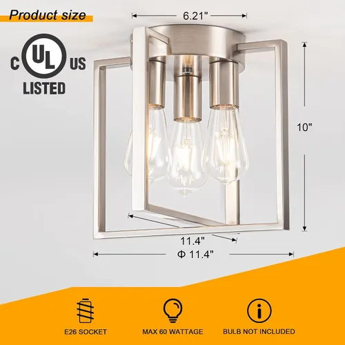 Miniatura 2 de Lámpara de montaje empotrado de 3 luces, marco de metal de níquel cepillado con jaula de metal geométrica contemporánea, para sala de estar, cocina