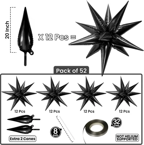 Miniatura 2 de Globos de papel de aluminio con forma de cono de estrella en explosión, negro, 20 pulgadas, para decoraciones de cumpleaños y graduaciones 2022, 50