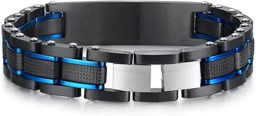 Miniatura 3 de MEALGUET Pulsera de identificación de alerta médica de acero inoxidable masculino de 2 tonos para hombre, grabado gratuito, negro, azul, para hombre