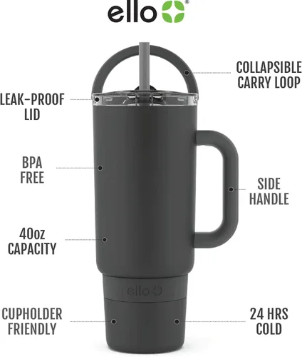 Miniatura 3 de Ello Port - Vaso de 40 onzas con asa de transporte y asa integrada, botella de agua reutilizable de acero inoxidable aislada al vacío, taza de viaje