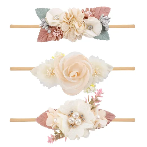 Miniatura 15 de cherrboll 3 diademas de flores para bebé, súper suaves y elásticas, de nailon, para recién nacidas Rosa (Rose Bloom)