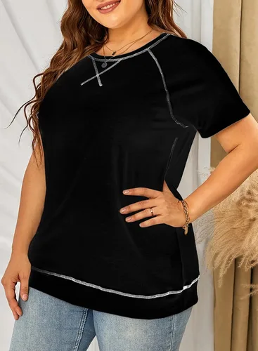 Miniatura 9 de Eytino Blusas de talla grande para mujer, cuello en V, manga corta, a rayas, casual, holgada, con bolsillo (1X-5X)