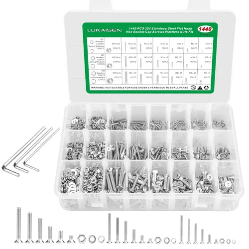 Miniatura 30 de Surtido de 1500 piezas de tornillos, tuercas y arandelas, kit de pernos y tuercas métricos M2 M3 M4 M5 M6 con cabeza hexagonal de casquillo, acero