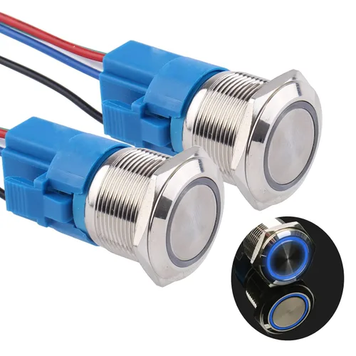 Miniatura 20 de Paquete de 2 interruptores de botón momentáneos de 0.63 pulgadas, 12 V-24 V, LED, impermeable, de metal, 1 NO 1 NC, con enchufe de cable