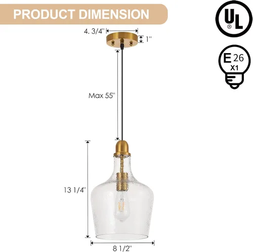 Miniatura 5 de Lámpara Colgante de Vidrio Moderna de Latón 1 Luz Individual con Cúpula Luminarias Colgantes para Isla de Cocina Comedor Pasillo, Diámetro 9 Latón