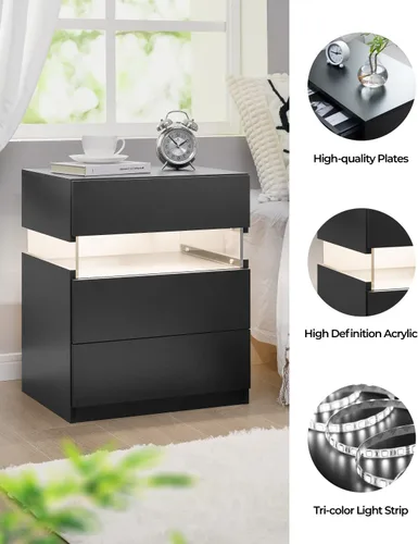 Miniatura 3 de Bingoday Juego de 2 mesitas de noche LED para dormitorio, juego de 2 mesitas de noche modernas con 3 cajones, mesa auxiliar para dormitorio