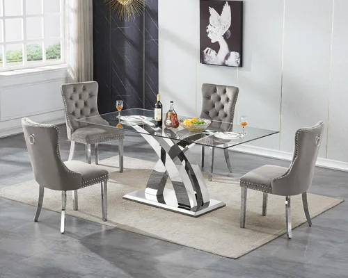 Miniatura 28 de Juego de mesa de comedor de cristal plateado moderno de 70 pulgadas para 4, juego de mesa de comedor rectangular de 5 piezas con patas de acero