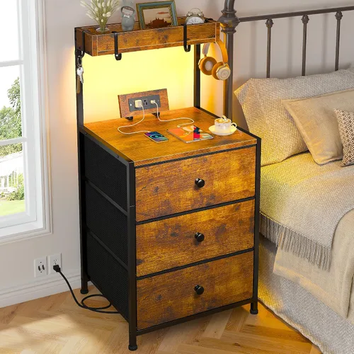 Miniatura 12 de EnHomee Mesita de noche alta con estación de carga y mesita de noche LED con 3 cajones, mesa de noche con cajones y tomas de corriente, mesita
