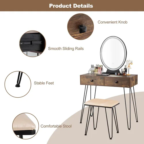 Miniatura 3 de KOTEK Juego de mesa de tocador con espejo iluminado, escritorio de maquillaje con taburete acolchado, espejo regulable de pantalla táctil de 3