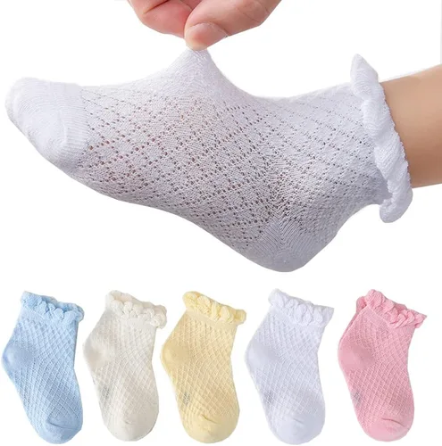 Miniatura 35 de Looching Paquete de 5 calcetines delgados de malla para bebés, niñas y niños, de algodón, color blanco, calcetines de tobillo invisibles 1-8T
