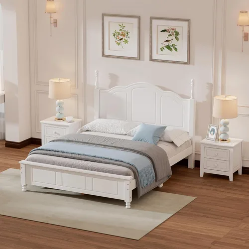 Miniatura 11 de Merax Cama clásica retro de madera maciza con cabecero, marco de cama matrimonial, no necesita somier, fácil de montar, color blanco