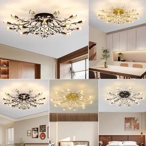 Miniatura 5 de Lámpara de techo de cristal, lámpara de flores, luces de techo semiempotradas de hojas doradas, accesorios de iluminación de cocina para dormitorio