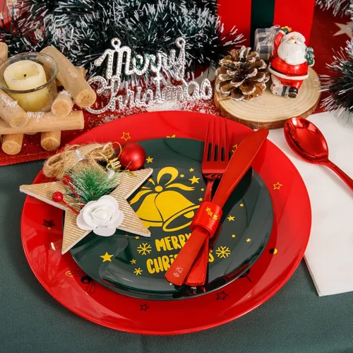 Miniatura 4 de WDF 175 piezas de platos de Navidad de plástico desechables - 25 platos verdes, 25 platos rojos con campanas doradas, 75 cubiertos de plástico Bell