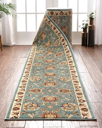 Well Woven Alfombra de pasillo y escalera de tamaño personalizado, elige tu longitud, color azul claro Sultan Sarouk, oriental tradicional, 31