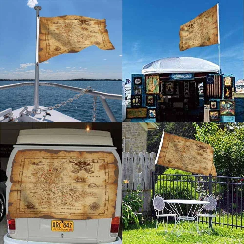 Miniatura 5 de Bandera Pirata de Swono - Mapa del Tesoro Mar de Coral Brújula Calavera para Jardín Interior y Exterior, Hogar, Granja, Bandera en Pie 3x5 pies