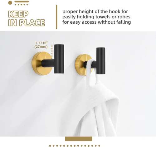 Miniatura 3 de Gancho de Toalla Angle Simple 2 Piezas, Oro y Negro, Soporte de Acero Inoxidable para Baño y Bata, Cuchillo Redondo para Toalla de Mano, Montado