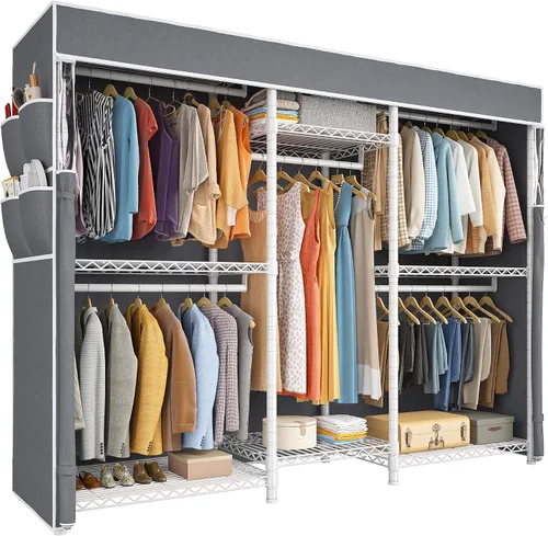 Miniatura 10 de Raybee Perchero de ropa para colgar ropa, capacidad de 900 libras, armario portátil resistente con 5 barras de suspensión y 8 estantes