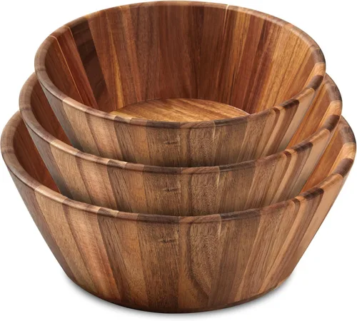 Woodenhouse Juego de 3 cuencos de madera, ensaladera de madera, diseño redondo, grande, para servir, hecho a mano, duradero y elegante, accesorio de
