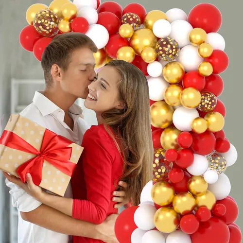 Miniatura 3 de Kit de arco de guirnalda de globos rojos y dorados, 122 globos blancos y rojos, globos de confeti de oro metálico para cumpleaños, boda, Oro blanco