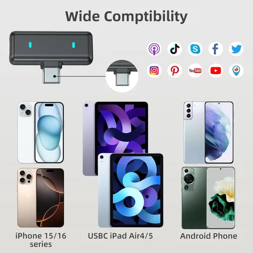 Miniatura 6 de VM32 Mini micrófono inalámbrico para iPhone 17 16 15 teléfono Android, micrófono de solapa Lavalier USB C con estuche de carga de 40 horas