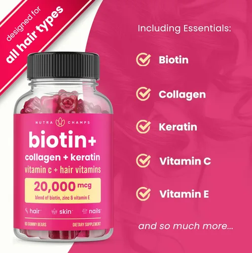 Miniatura 3 de NutraChamps Gomitas de biotina de 5000 mcg con colágeno, queratina y más – Vitaminas para la piel y las uñas para mujeres y hombres – Apoya el ciclo