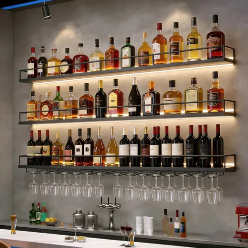 Miniatura 10 de Estante de metal para vino montado en la pared con luces LED, estantes flotantes de bar de 3 niveles con estante para copas de vino, estante grande