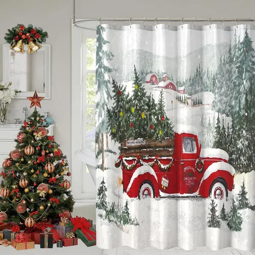 Cortina de ducha de Navidad con camión rojo, cortinas de ducha con árbol de Navidad para baño, cortina de baño rústica vintage de invierno, cortina