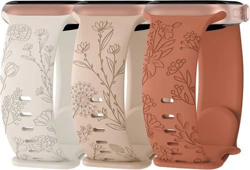 Paquete de 3 correas de silicona grabadas florales compatibles con Apple Watch Band de 1.496 pulgadas, 1.575 pulgadas, 1.614 pulgadas, 1.654
