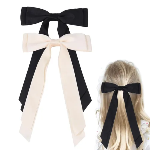 Pinzas para el cabello con lazo de satén para mujer, lazo sedoso de satén negro beige con cola larga, accesorios para el cabello para niñas (negro