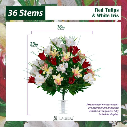 Miniatura 2 de Sympathy Silks Flores de cementerio artificiales - Decoración de tumbas - Tulipanes rojos e iris blancos (1) Ramo Rojo Blanco