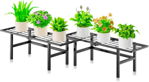 Miniatura 12 de Soporte de metal de 2 niveles para plantas para exteriores e interiores, estante plegable separado para plantas al aire libre, soporte de escalera