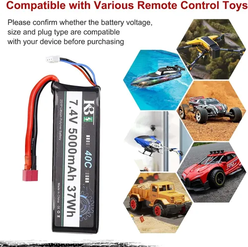 Miniatura 5 de KBT 2S 7.4V LiPo - Batería de alta tasa de descarga, 40C (burst 80C) 5000mAh batería recargable de polímero de litio con enchufe en T para coche RC