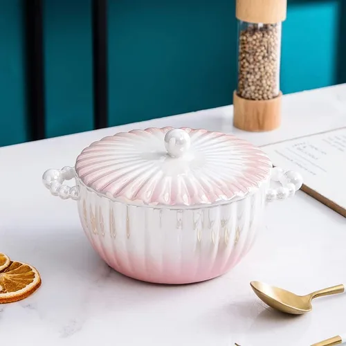 Creamic - Tazón de yogur con tapa, 33 onzas, moderno, degradado, ligero, fiesta de lujo para ensaladas y frutas, vajilla de cocina, color rosa