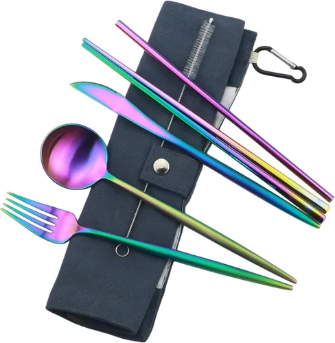 Miniatura 14 de Utensilios de viaje reutilizables, 7 piezas portátiles de acero inoxidable 304, incluyendo cuchillo, tenedor, cuchara, palillos, cepillo