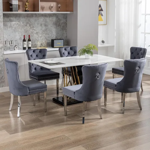 Miniatura 9 de Juego de 2 Sillas de Comedor, Sillas de Terciopelo Acolchado con Patas Modernas de Acero Inoxidable, Ribete de Remaches con Anilla Metálica