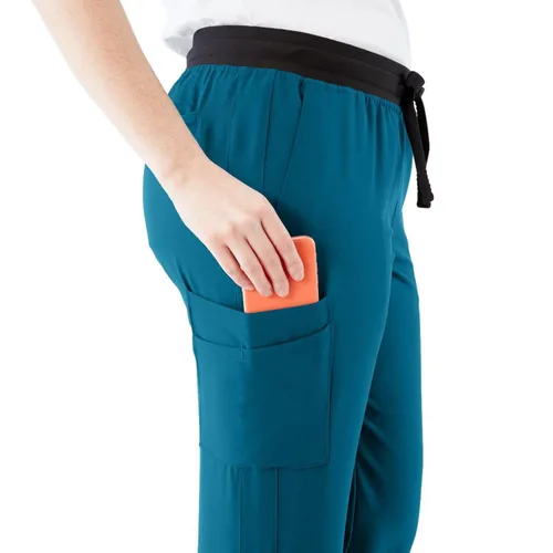 Miniatura 120 de ave. Varick - Pantalón médico de tiro medio para mujer, pierna recta, seis bolsillos, color azul caribeño, talla S